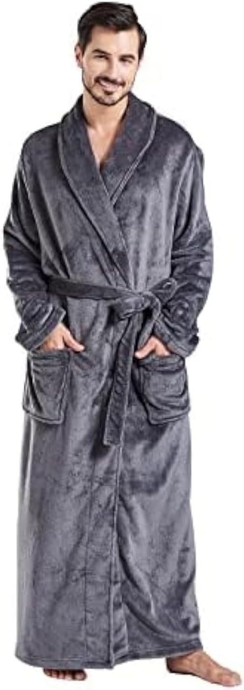 FashGudim Herren Bademäntel gross und gross in voller Länge Plüsch Fleece lange Robe Schal Kragen wa