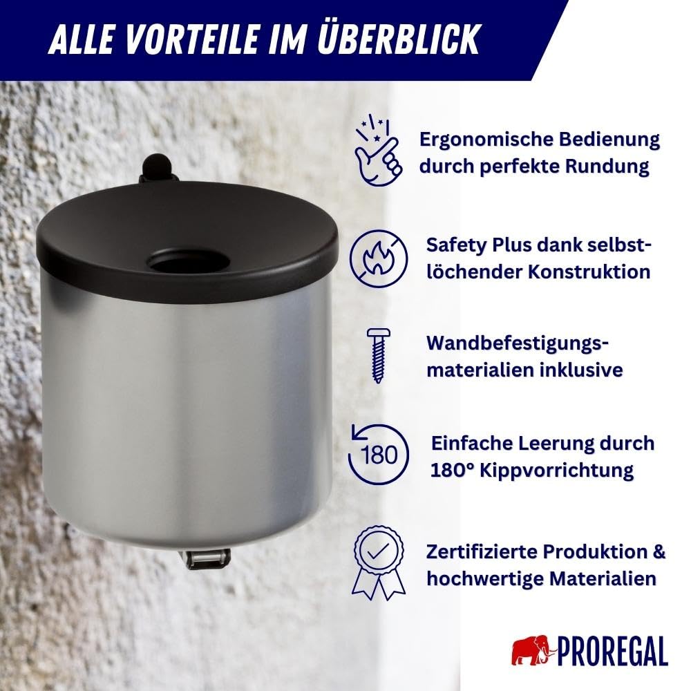 PROREGAL Runder Sicherheits-Wandaschenbecher mit Kippvorrichtung | 2 Liter, HxØ 16x16cm | Metall | S