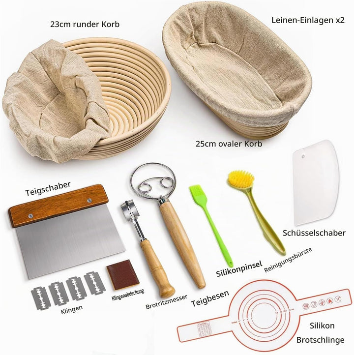Gärkorb Set, Gärkörbchen mit Silikon Backmatte, 23cm Runde und 25cm Ovale Gähr Körbchen, Brotkörbche