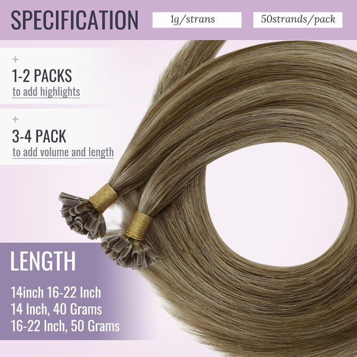 Fshine Bondings Echthaar Extensions Mittelbraun und Karamellblond 50g 35cm U Tip Haarverlangerung Ec
