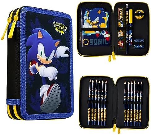 Sonic The Hedgehog Federtasche Gefüllt Kinder, Federmäppchen 2 Fächer, Mäppchen mit Inhalt, Etui Sch