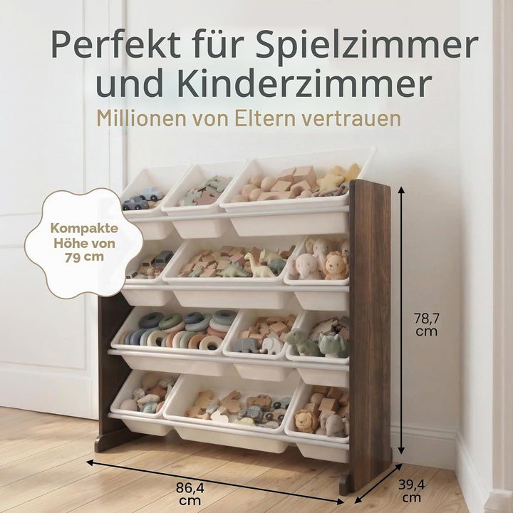 Humble Crew WO562 Kinderregal - Spielzeugregal-Organizer aus Holz mit 12 Aufbewahrungsboxen, Espress