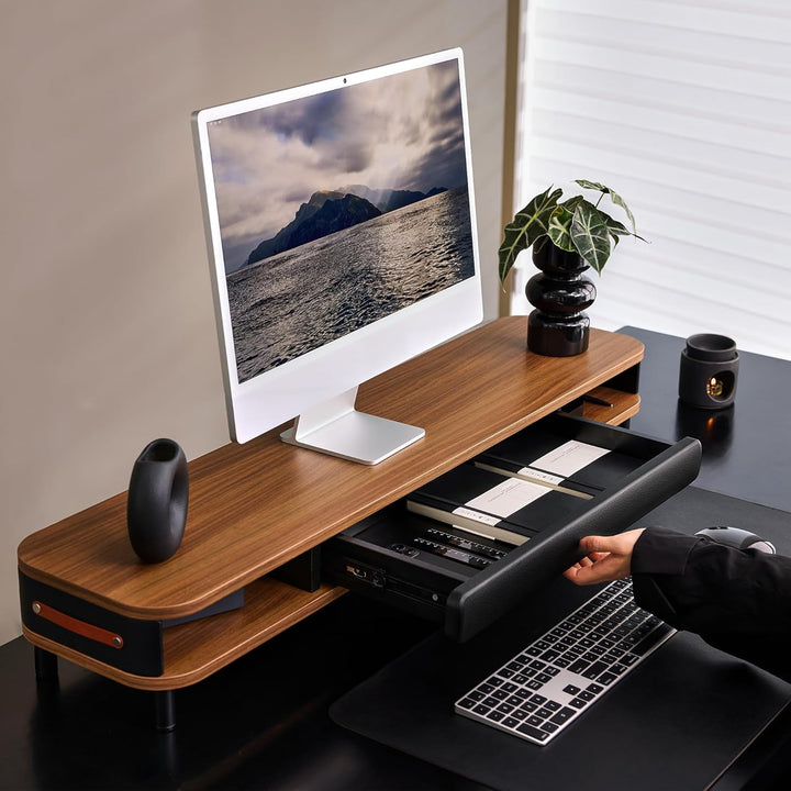 Fenge Dual Monitorständer mit Schublade, 108cm Bildschirmerhöhung mit Aluminiumbeinen & Ledergriff,