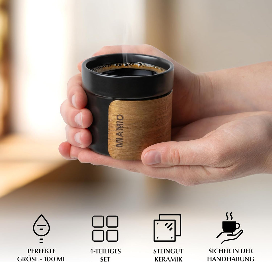 MIAMIO - Keramik Espressotassen/Espressobecher ohne Henkel (100ml)(Schwarz) | Kaffeebecher Keramik o