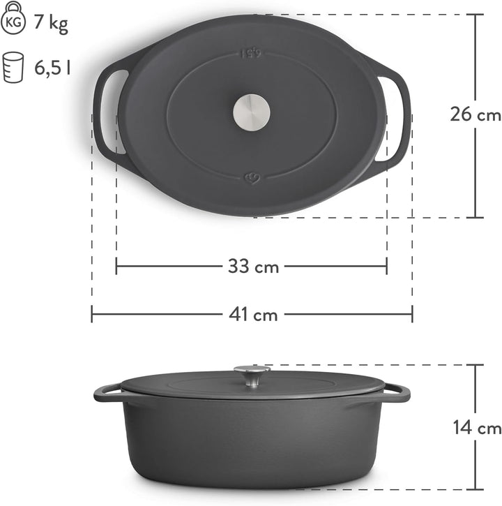 SPRINGLANE Cocotte mit Deckel, Grau, oval, 33 cm, 6,5 L, Gusseisen Bräter, Schmortopf Induktion… Brä
