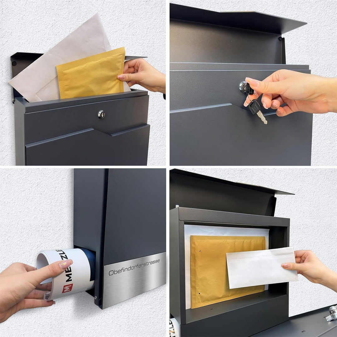 Metzler Briefkasten Basaltgrau RAL7012 mit Zeitungsfach, personalisiert mit Edelstahl V2A Namensschi