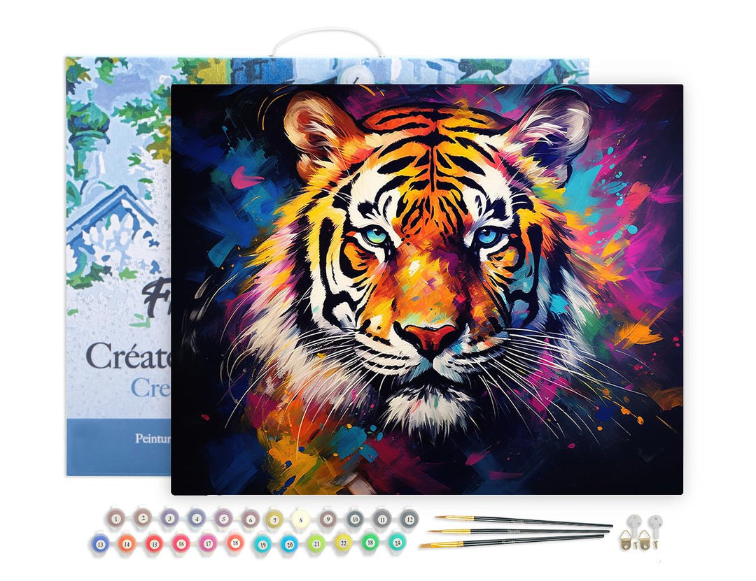 Figured'Art Malen Nach Zahlen Erwachsene Mit Rahmen Tiger Farbenfroh Abstrakt - Paint by Numbers Bas