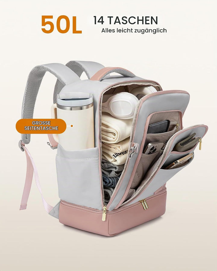 LOVEVOOK Handgepäck Reiserucksack mit separatem Schuhfach, 50L Rucksack Damen Gross mit Nass- und Tr