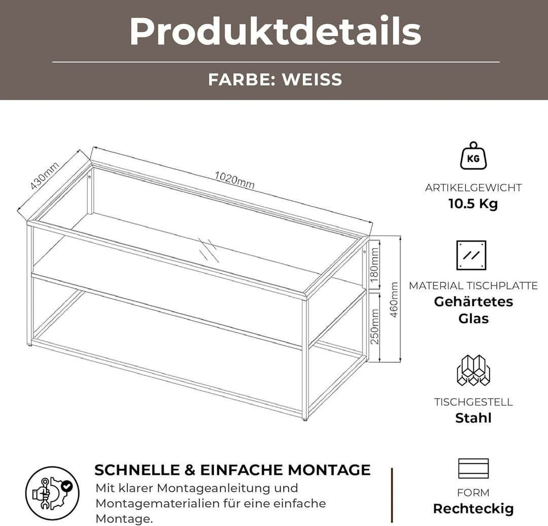 [en.casa] Couchtisch Solund Beistelltisch mit Glasplatte Metall Weiss matt Wohnzimmertisch mit Staur