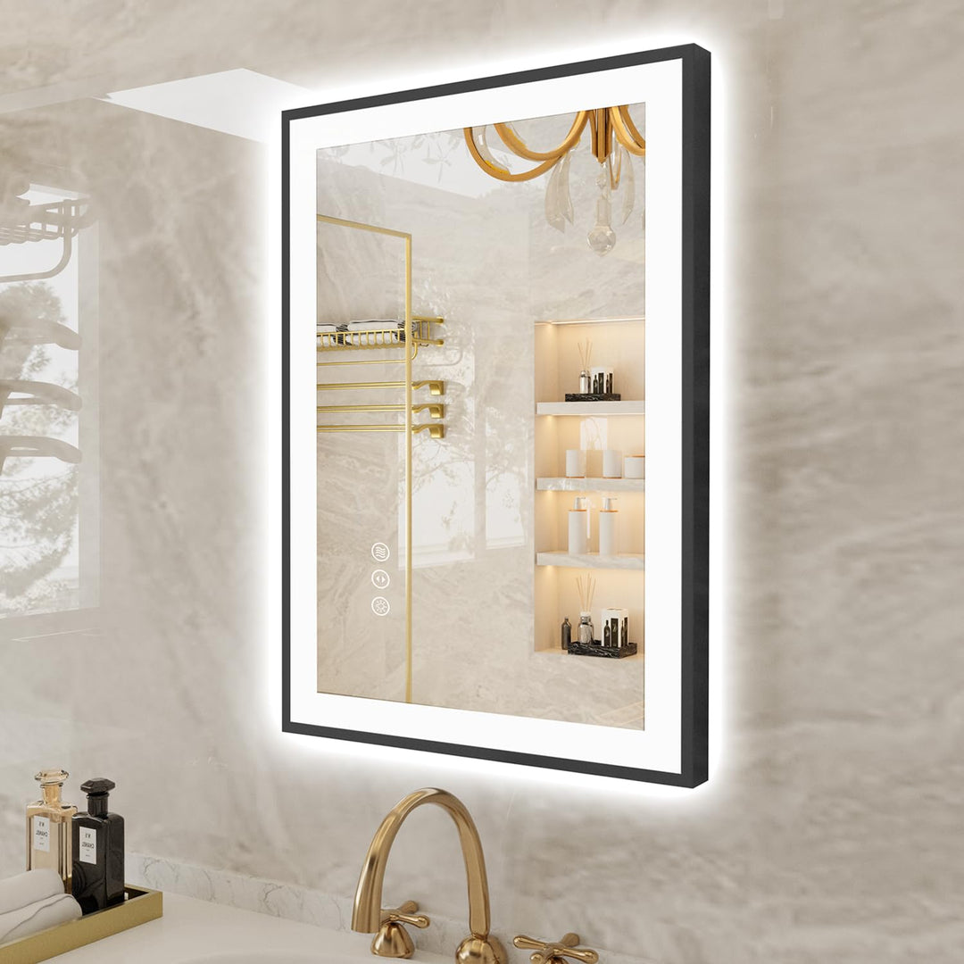 50x70cm Badspiegel mit Beleuchtung, Hartglas Badspiegel LED Antibeschlag, Schwarzer Aluminiumrahmen