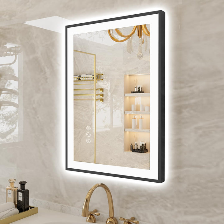 50x70cm Badspiegel mit Beleuchtung, Hartglas Badspiegel LED Antibeschlag, Schwarzer Aluminiumrahmen
