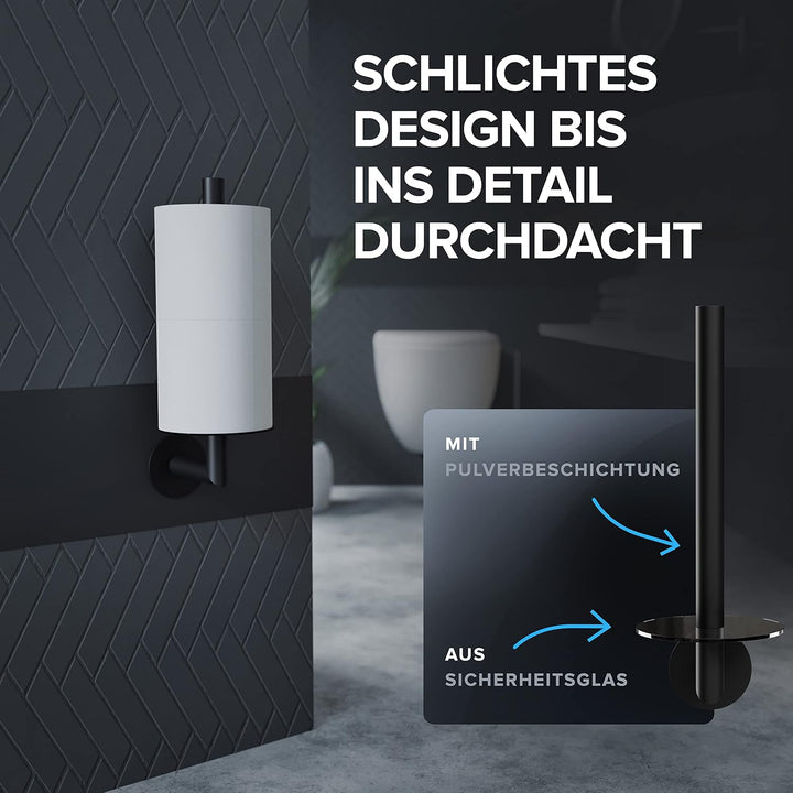 Ersatzrollenhalter Runde zum Kleben in Edelstahl schwarz matt und mit schwarzem Glas | Bad Klorollen