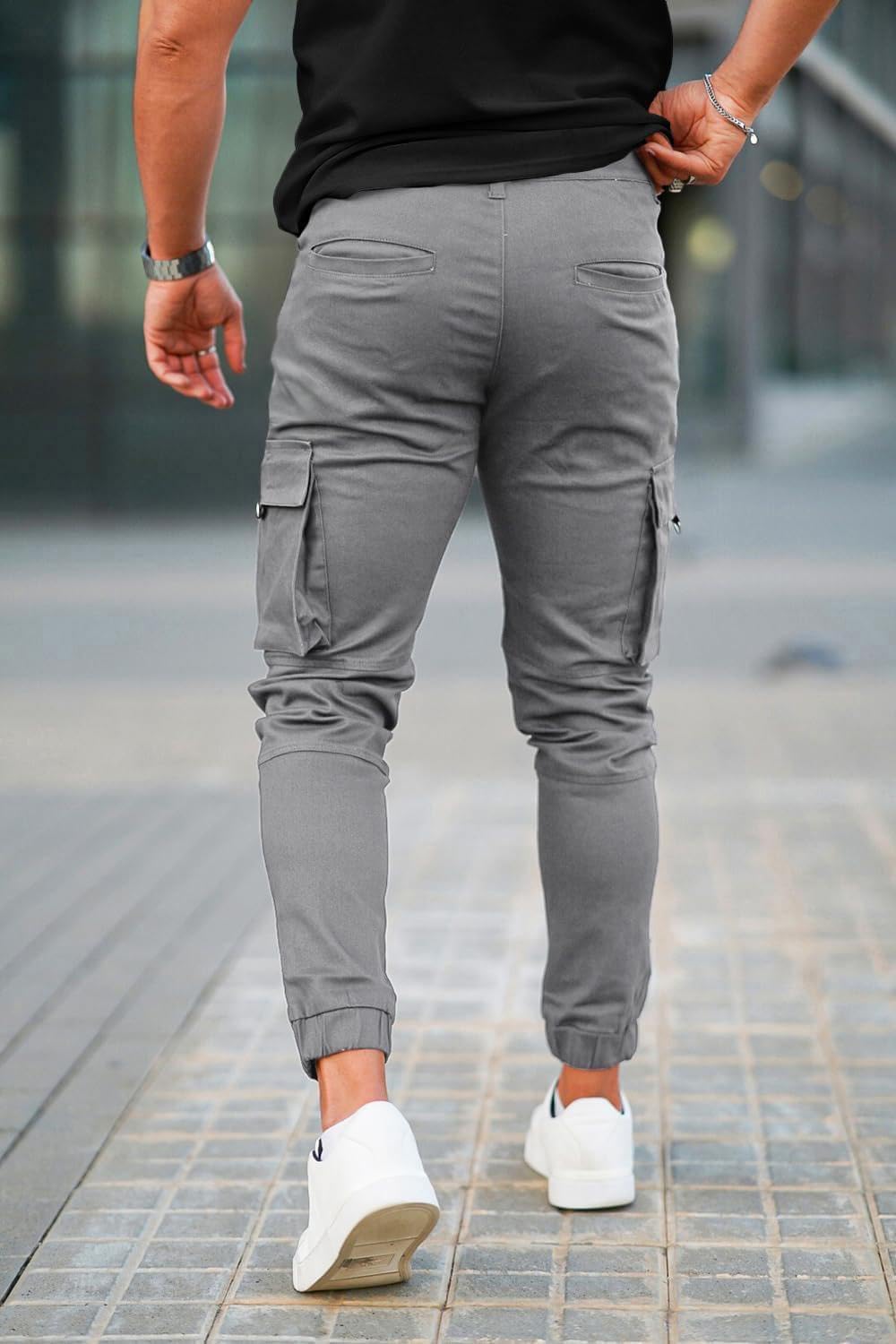 GINGTTO Herren Cargo Hose Stretch Jogginghose für Männer Casual Slim Fit Cargohose Herren Grau 34W /