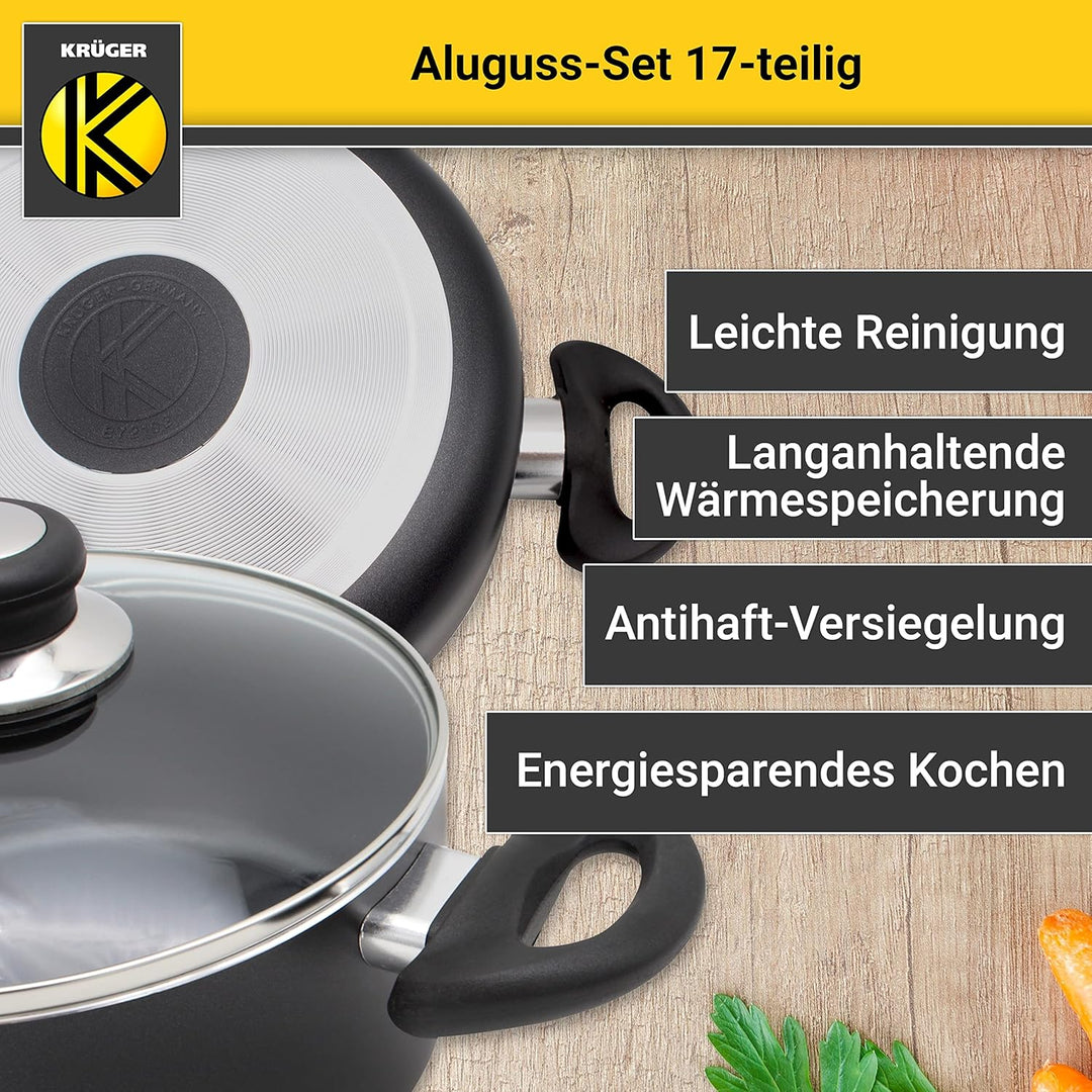 Krüger Aluguss-Set 17-teilig - antihaft-versiegeltes Topf- und Pfannenset mit Küchenhelfer - hohe Hi