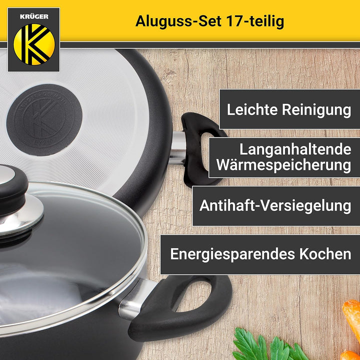 Krüger Aluguss-Set 17-teilig - antihaft-versiegeltes Topf- und Pfannenset mit Küchenhelfer - hohe Hi