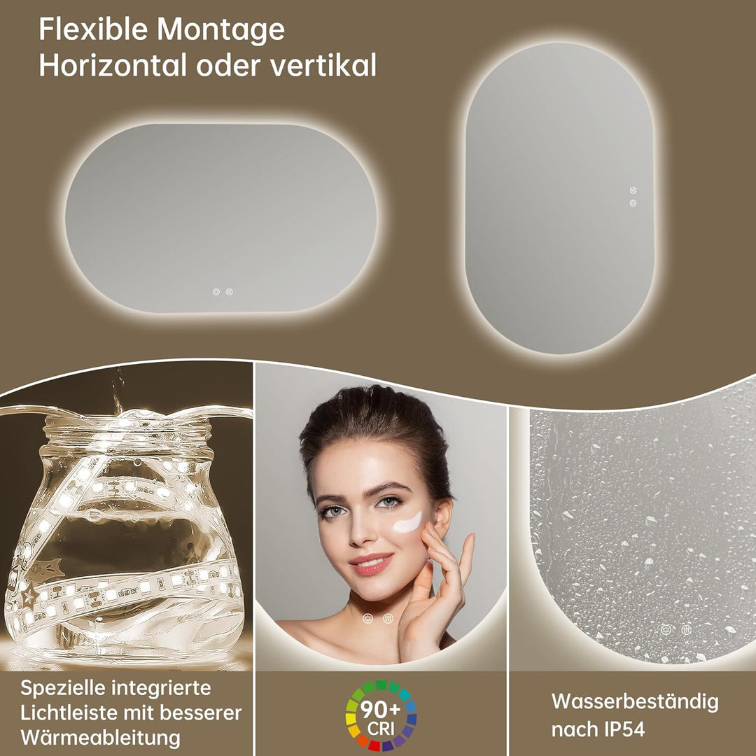 100x60cm LED Badspiegel mit Beleuchtung Oval | Badezimmerspiegel mit Beleuchtung,Beschlagfrei,Touch-