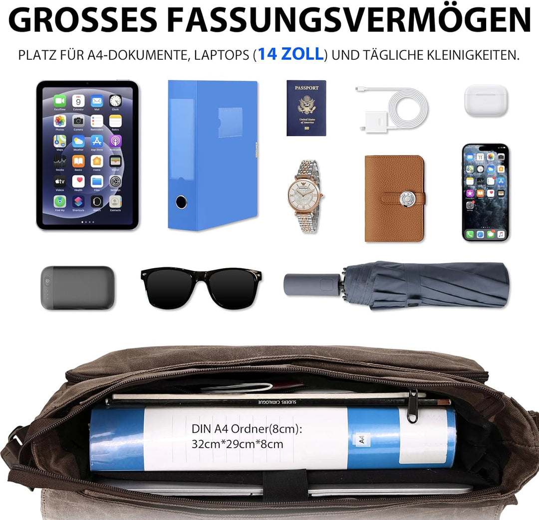 Leathario Umhängetasche Herren 14 Zoll, Messenger Bag aus Echtleder und Geöltem Segeltuch, Arbeitsta