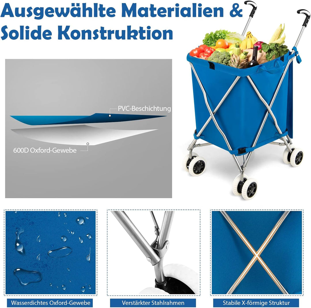 GOPLUS Klappbarer Einkaufswagen mit Rädern, Leichter Einkaufstrolley mit Zwei Lenkrollen, Abnehmbare