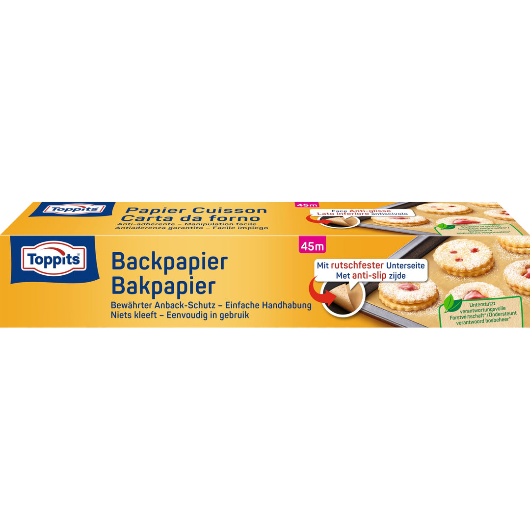 Toppits Backpapier - 1 x 45 m Rolle, Antihaft, mit Abreiss-Säge, Rutschfest, FSC zertifiziert, Ideal
