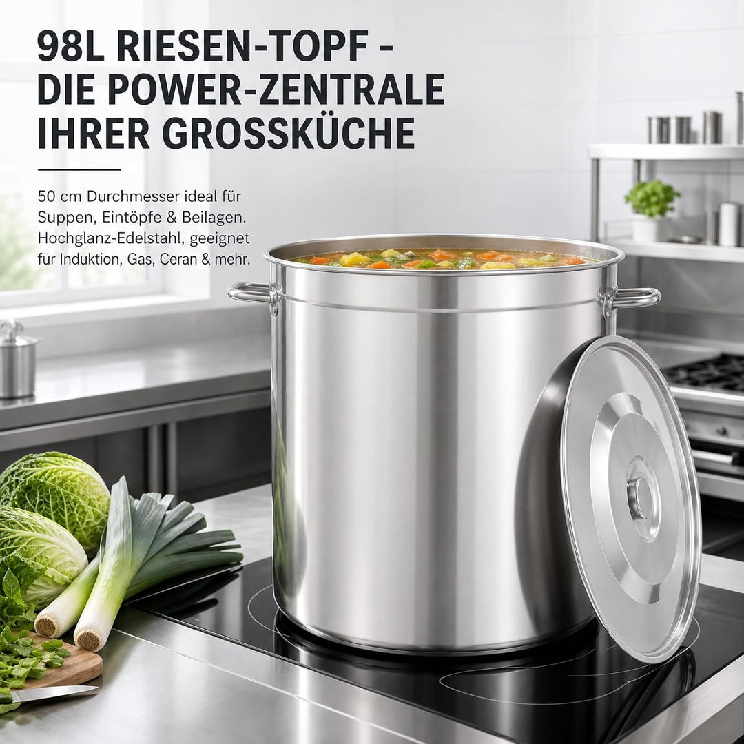 Edelstahl Suppentopf 98L, Gastronomie Kochtopf Suppentopf Gross mit Griffen und Sinkendeckel, Ø 51.5