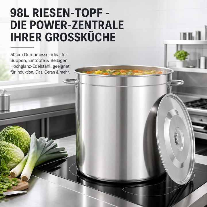 Edelstahl Suppentopf 98L, Gastronomie Kochtopf Suppentopf Gross mit Griffen und Sinkendeckel, Ø 51.5