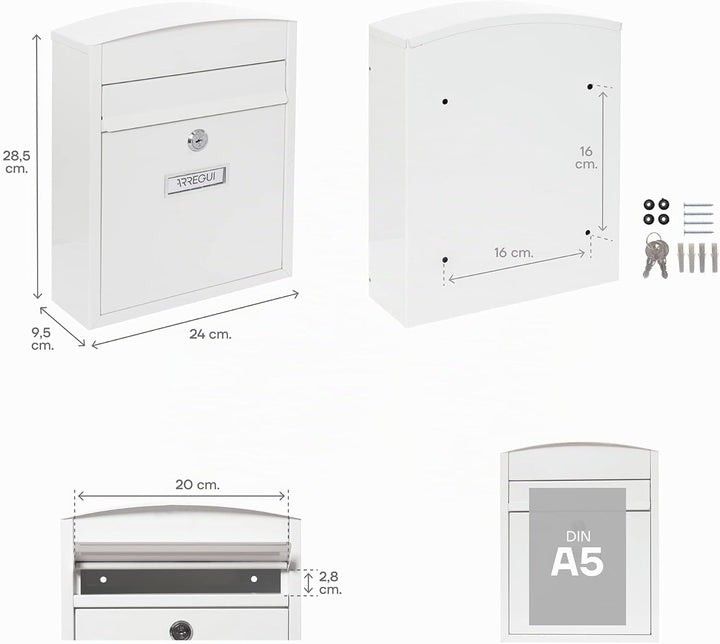 Arregui - Briefkasten aus Edelstahl, 28,5 x 24 x 9,5 cm, weiss, Weiss