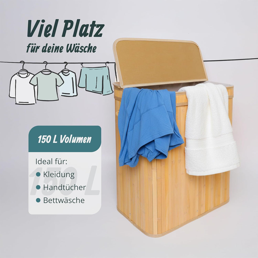 Relaxdays Wäschekorb mit Deckel, Bambus, 150 l, 3 Fächer, HxBxT: 61,5 x 61 x 41,5 cm, Badezimmer Wäs