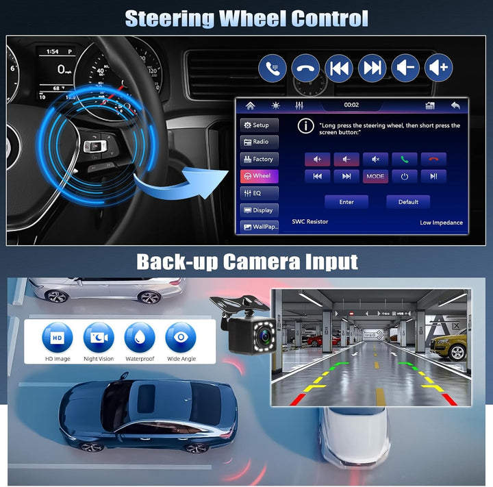 CAMECHO Autoradio 1 Din mit 10.1 Zoll Wireless A-pple Carplay Android Auto mit Rückfahrkamera, Bilds