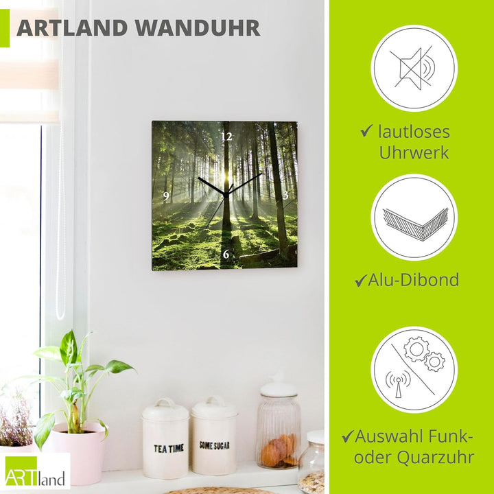ARTLAND Wanduhr ohne Tickgeräusche Leinwand Quarzuhr 30x30 cm Quadratisch Lautlos Natur Design Wald