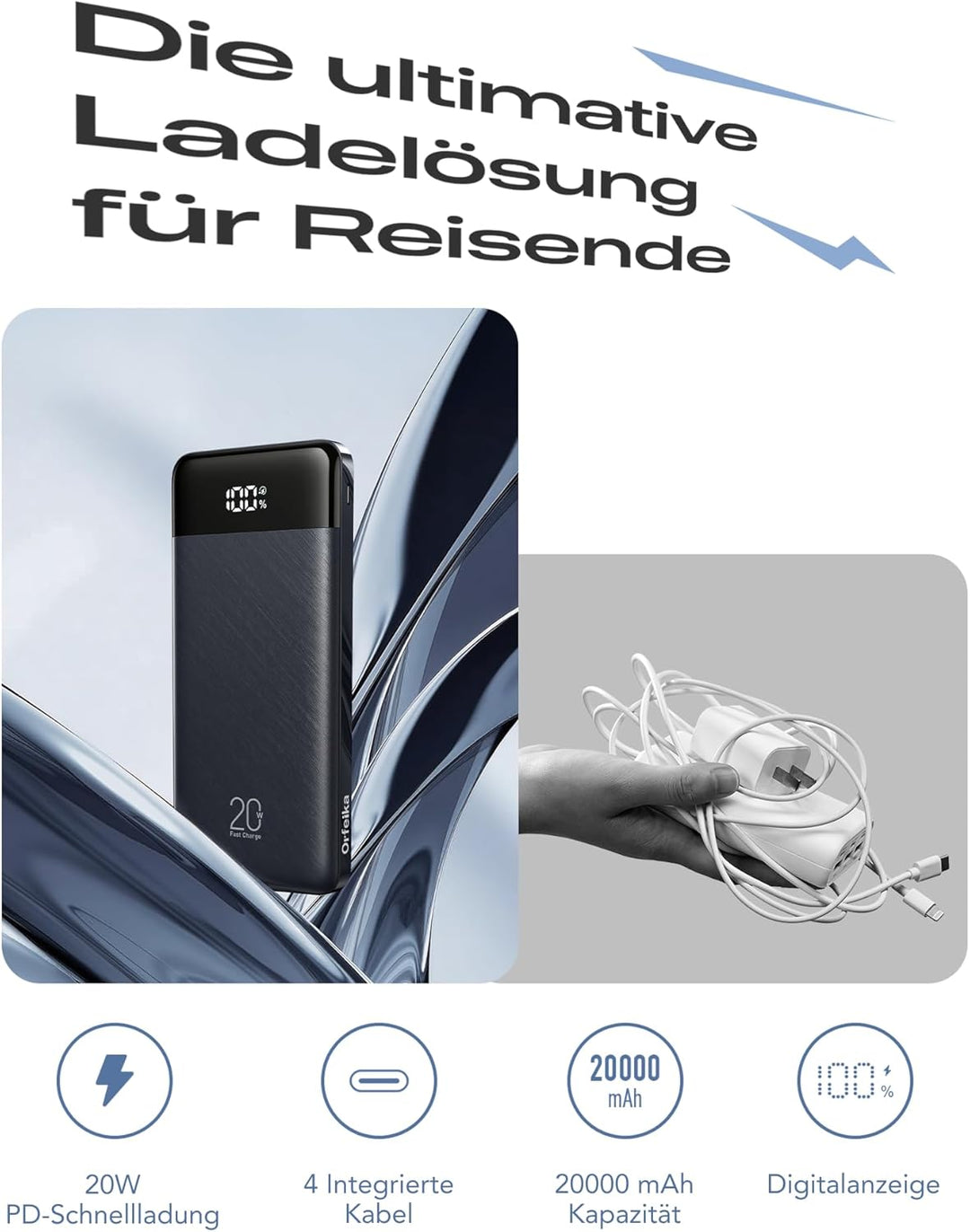 Orfeika 20000mAh Powerbank mit 4 Integrierten Kabeln, 20W PD-Schnellladung Power Bank, Externer Akku