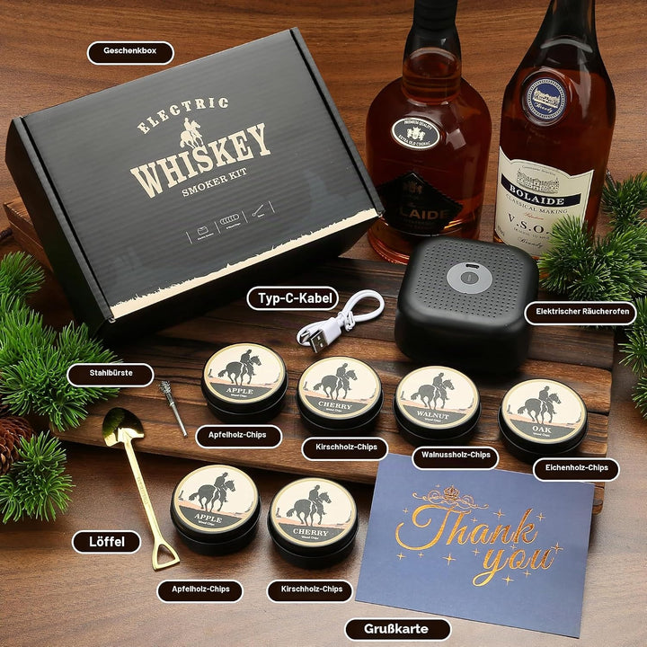Elektrischer Whisky Smoker Set mit 6 Holzchips, Wiederaufladbare Cocktail Smoker Kit, Saturn S-moker