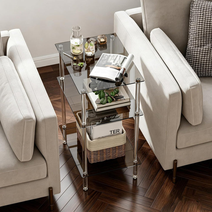 Moderner Beistelltisch Glas Eckig Transparenter Tisch mit 3 Ablagen Nachttisch Glastisch Side Table