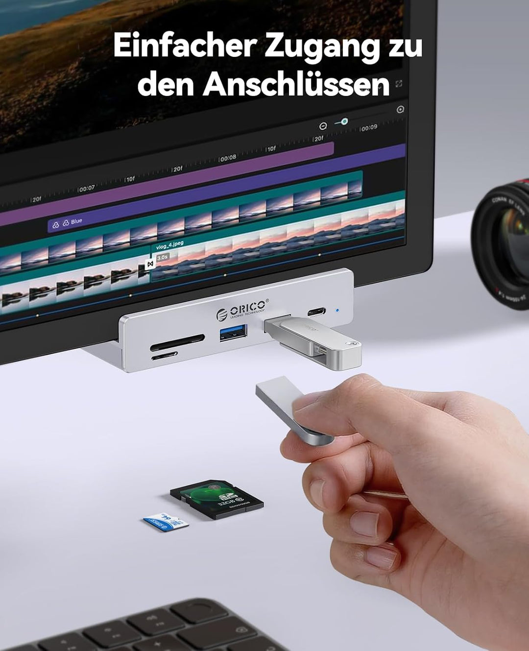 ORICO USB Hub 3.2, Aluminum USB-Hub und 5V Stromversorgung, 10Gbit/s 3 Port s USB Verteiler, SD/TF K