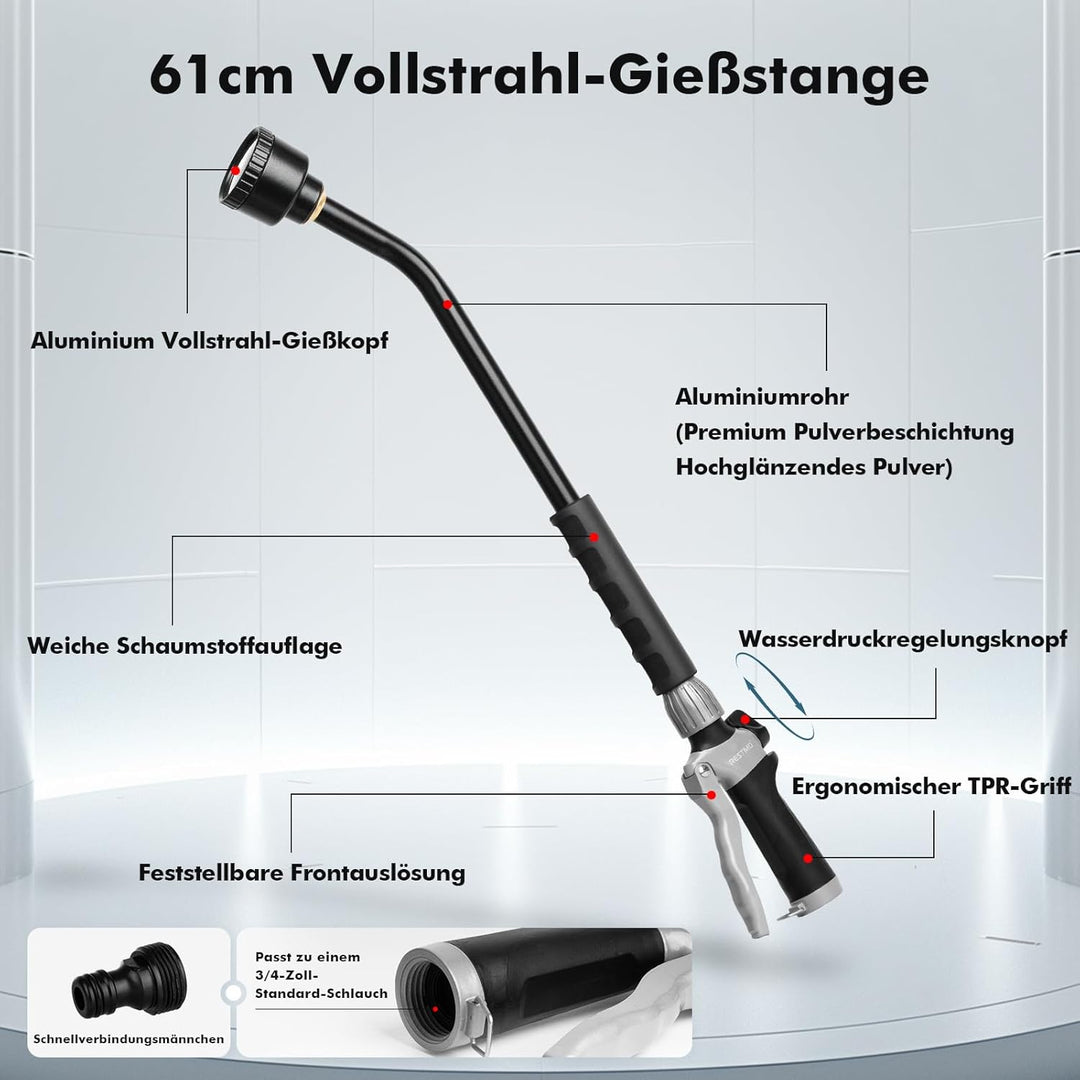 RESTMO Langer Giessstab, 61cm langer Gartenbrause mit voller, sanfter Dusche und Durchflusskontrolle