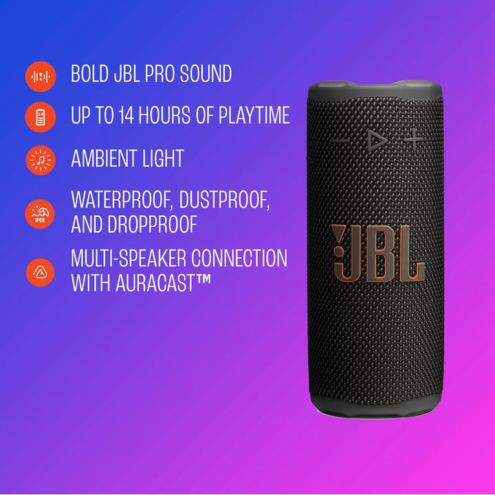 JBL Griffigkeit: Kompakter Bluetooth-Lautsprecher mit kräftigem JBL Pro-Sound und Umgebungslicht, bi