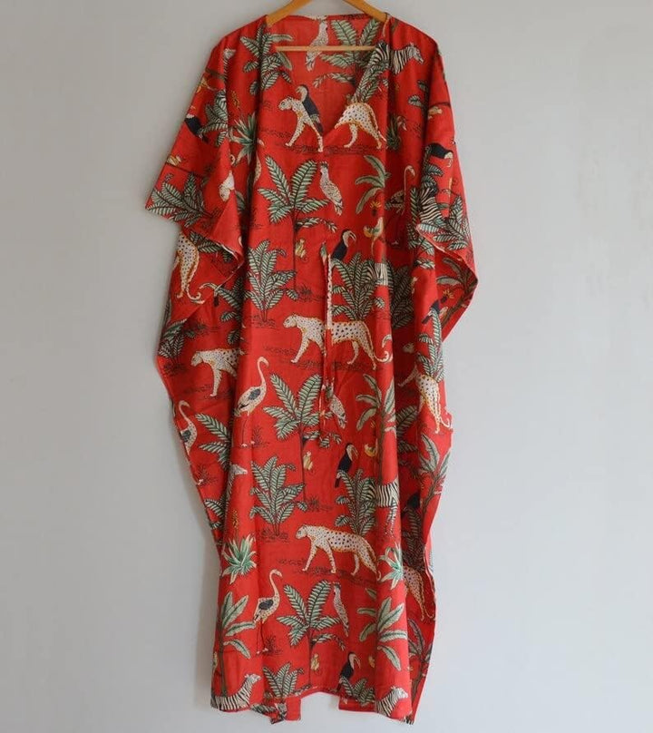 INDACORIFIE Jugle Damenkleid mit Blockdruck, indisches handgefertigtes langes Kaftankleid, Kaftan au
