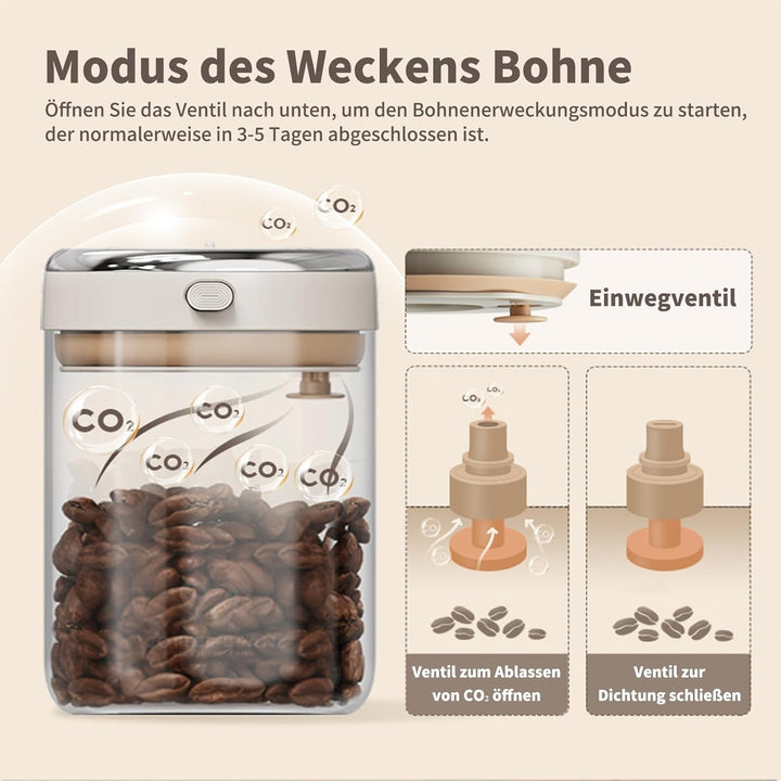 Glas Kaffeedose Luftdicht 370g Bohnen Kaffeebohnen Behälter Kaffeebehälter Kaffee Vakuumbehälter 1,1