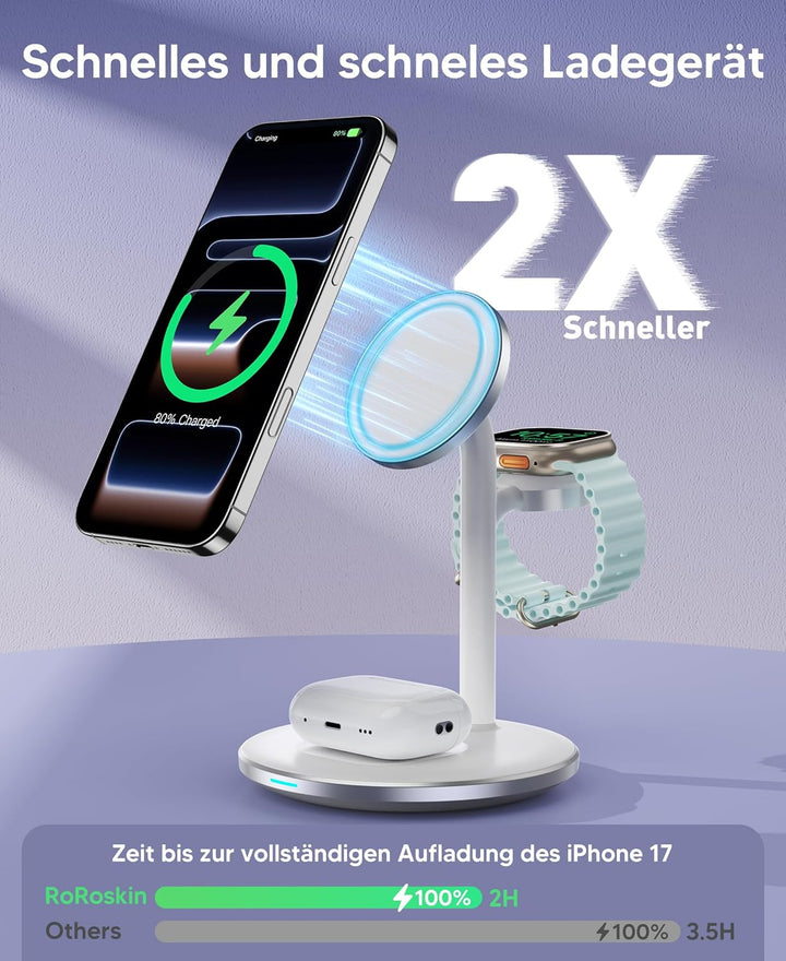 3 in 1 Induktive Ladestation für mehrere Geräte,15W Kabellos Ladestation,Wireless Charger Kompatibel