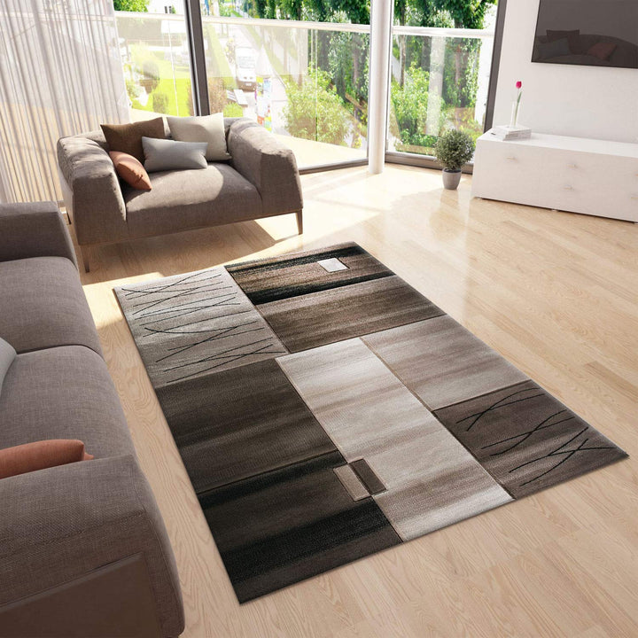VIMODA Designer Teppich Wohnzimmer Braun Beige Kacheloptik mit Farbverlauf und Konturenschnitt, Mass