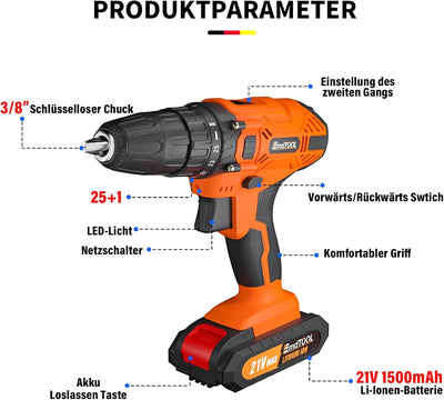 Akkuschrauber 21V Akku Bohrmaschine mit 25+1 Drehmomentstufen, 45Nm Akku-Bohrschrauber Orange, 2x150