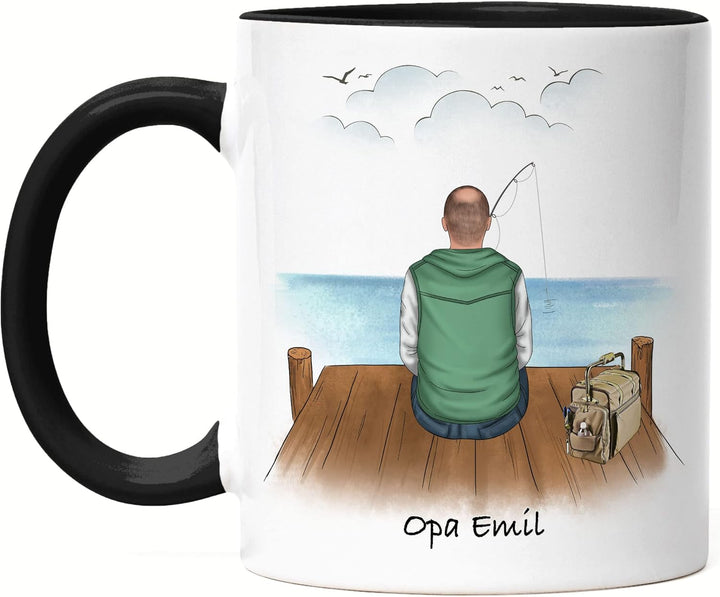 Angler Tasse Schwarz Personalisiert Individuell mit Name Angeln Fischen Geschenk Opa Vater zum Vater