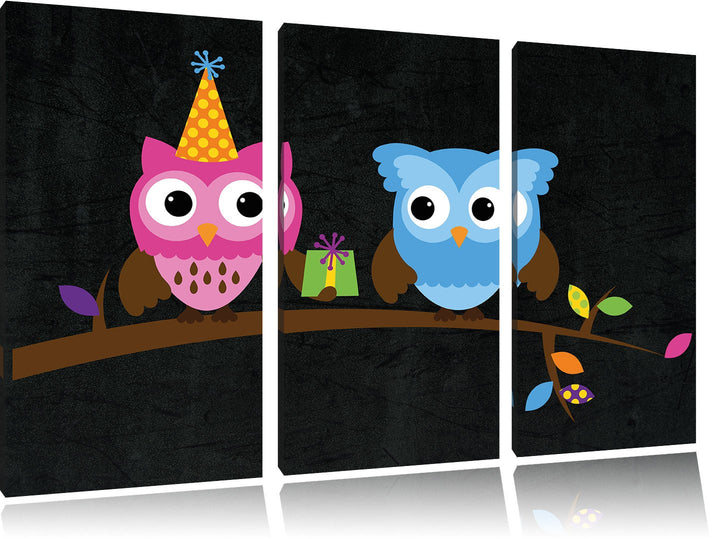 Pixxprint Party Eulen als Leinwandbild/Grösse: 3 Teilig (120x80) cm/Wandbild/Kunstdruck/fertig bespa