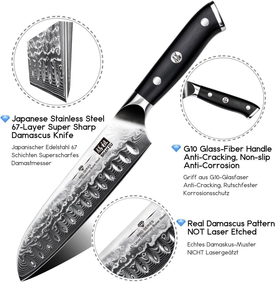 SHAN ZU Damast Santokumesser Kochmesser 67 Schichten Damastmesser Küchenmesser mit G10 Griff - PRO S