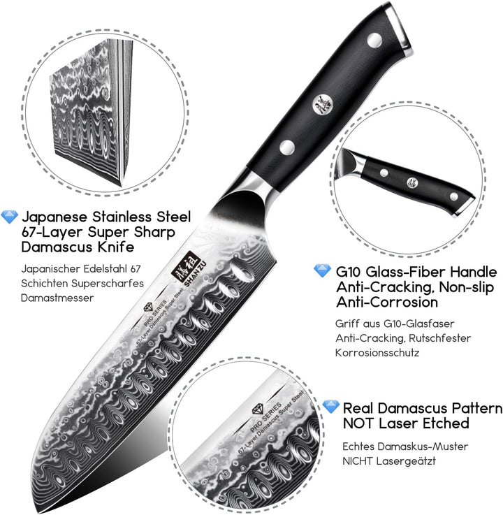 SHAN ZU Damast Santokumesser Kochmesser 67 Schichten Damastmesser Küchenmesser mit G10 Griff - PRO S