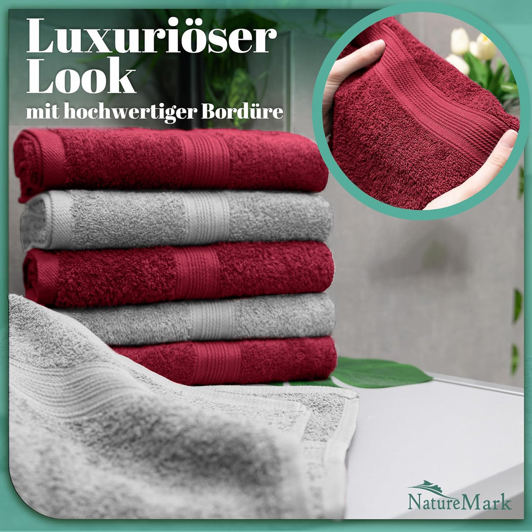 NatureMark NM-HT0842 Frottier Handtücher, 8-er Pack, 50 x 100 cm, 100% Baumwolle (Silber/Bordeaux),