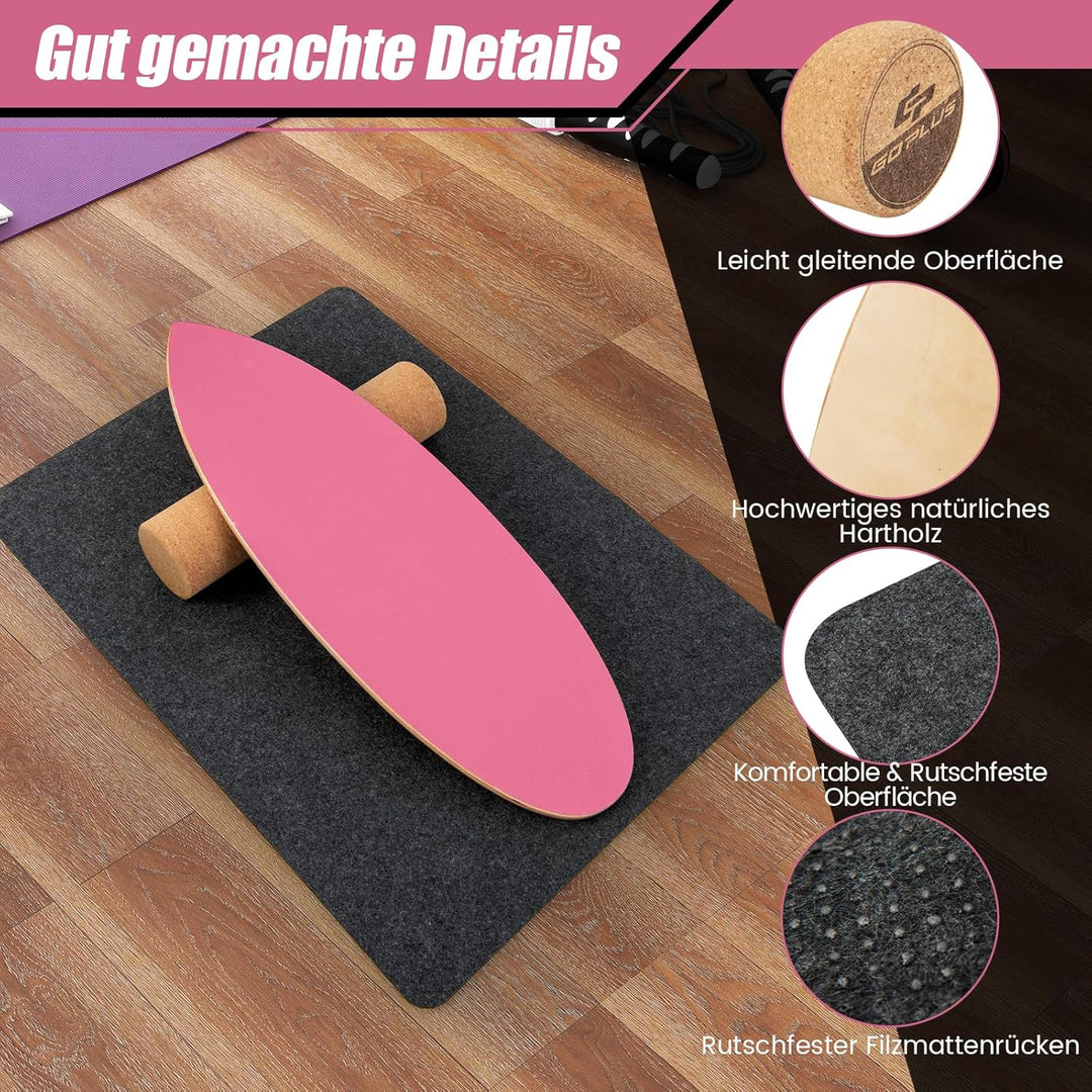 GYMAX Balance Board aus Holz, 15 mm BalanceBoard mit 10mm Korkrolle & rutschfeste Matte aus Filz, In