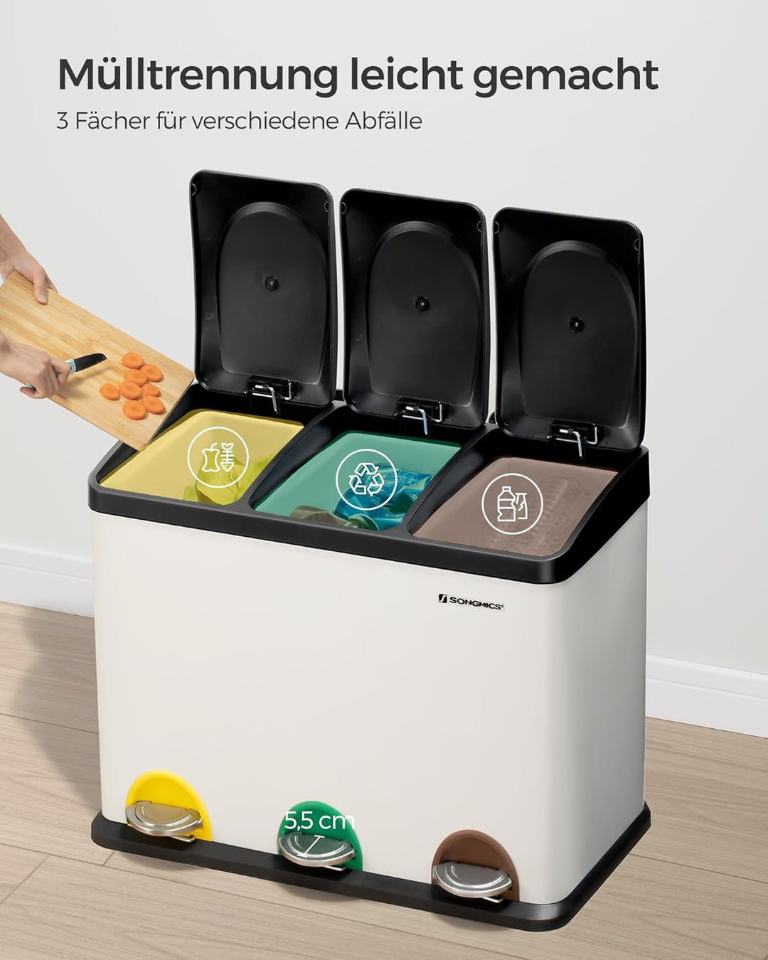 SONGMICS Mülleimer Küche, Mülltrennsystem 3 Fächer, Abfalleimer, 45 Liter Treteimer aus Metall, 3 x