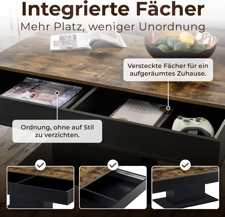 [en.casa] Couchtisch Lünen Wohnzimmertisch mit Stauraum Holzoptik Schwarz Truhentisch Sofatisch mit