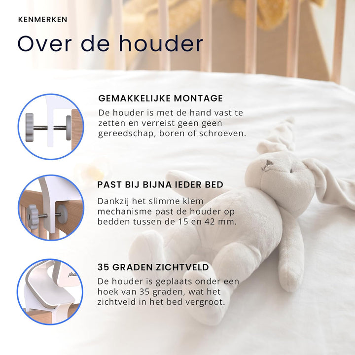 Halter passend für Alecto DVM-71 - Babyphone Halterung - Version 2 - Für Bettumrandung von 10 bis 42