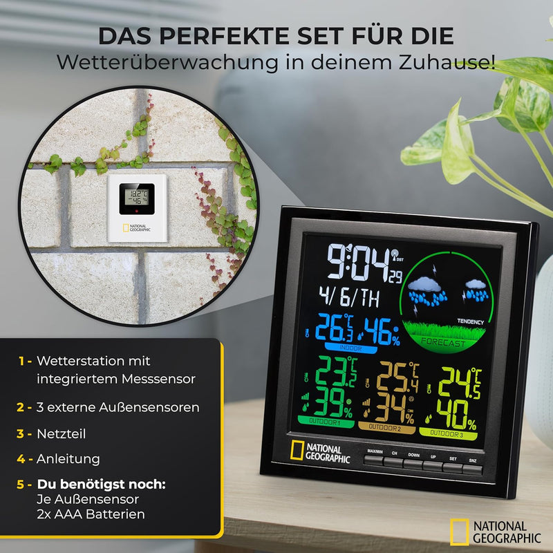National Geographic Wetterstation Funk mit Aussensensor VA Farb-Wetterstation mit 4 Messbereichen fü